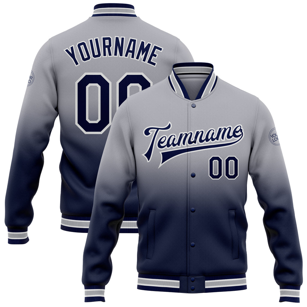 Custom Gray Navy-White Bomber Full-Snap Varsity Letterman Fade Fashion Jacket