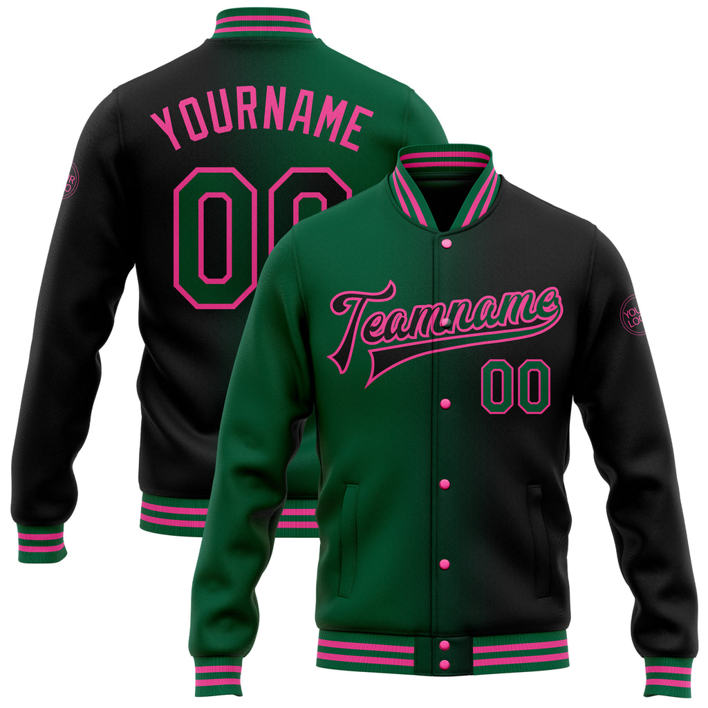 Custom Black Kelly Green-Pink Bomber Full-Snap Varsity Letterman Gradient Fashion Jacket