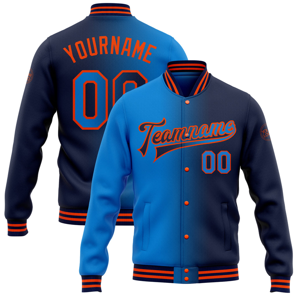 Custom Navy Powder Blue-Orange Bomber Full-Snap Varsity Letterman Gradient Fashion Jacket