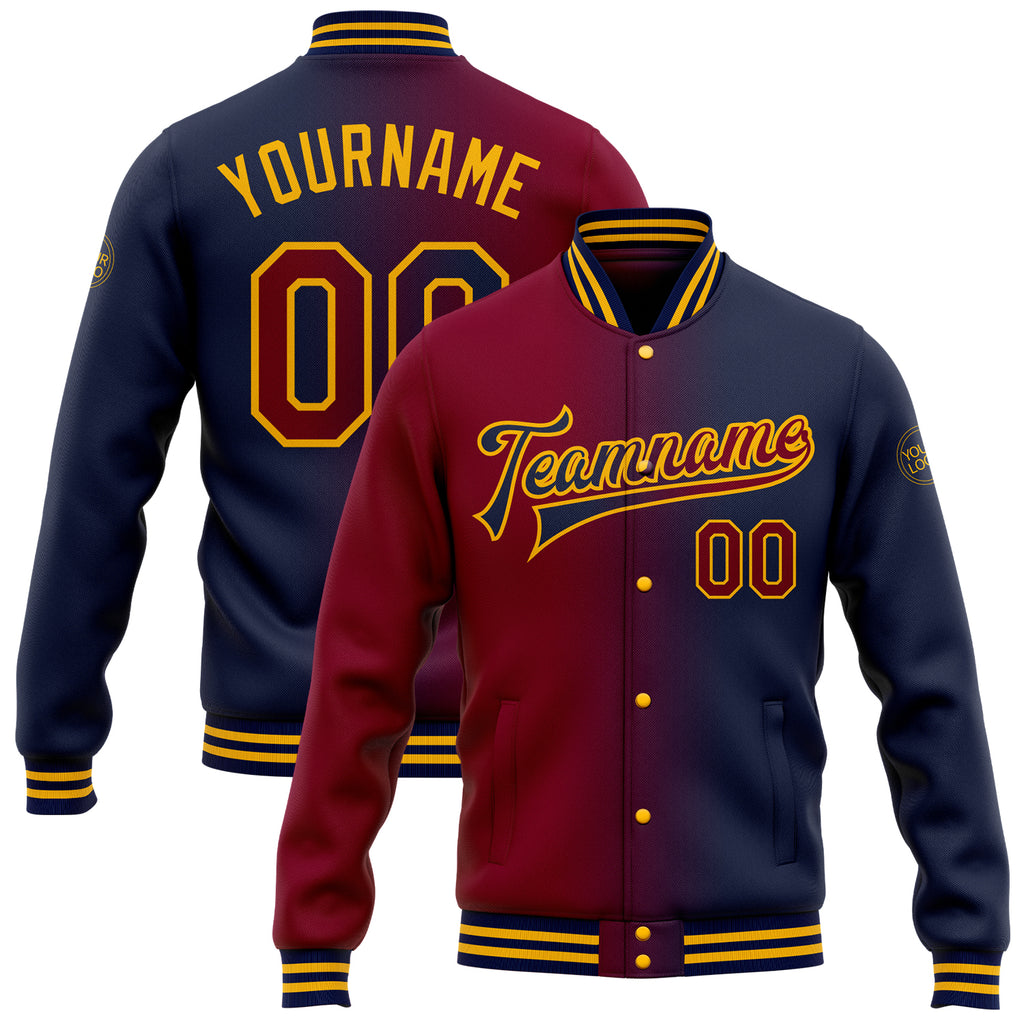 Custom Navy Maroon-Gold Bomber Full-Snap Varsity Letterman Gradient Fashion Jacket