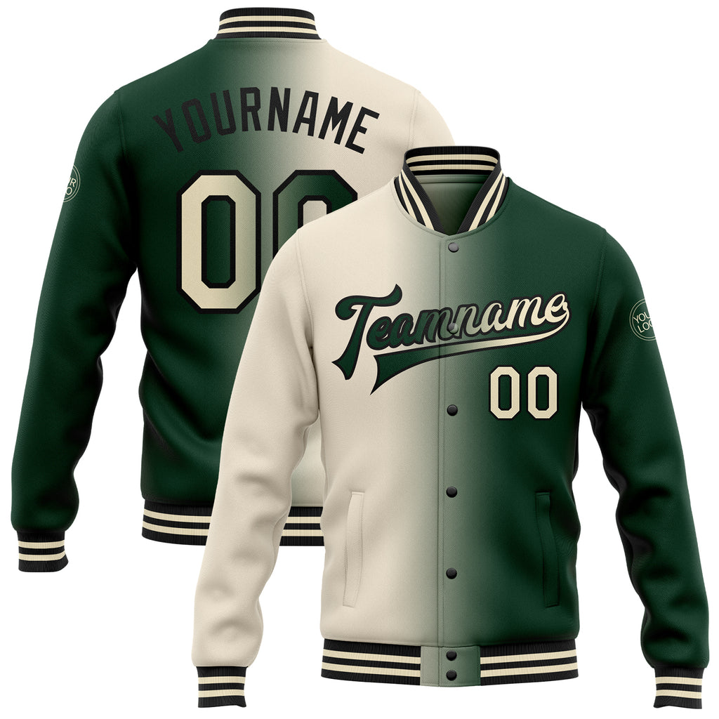 Custom Green Cream-Black Bomber Full-Snap Varsity Letterman Gradient Fashion Jacket