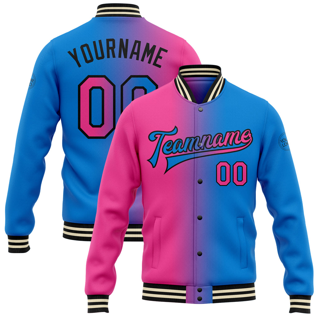 Custom Powder Blue Pink-Black Bomber Full-Snap Varsity Letterman Gradient Fashion Jacket