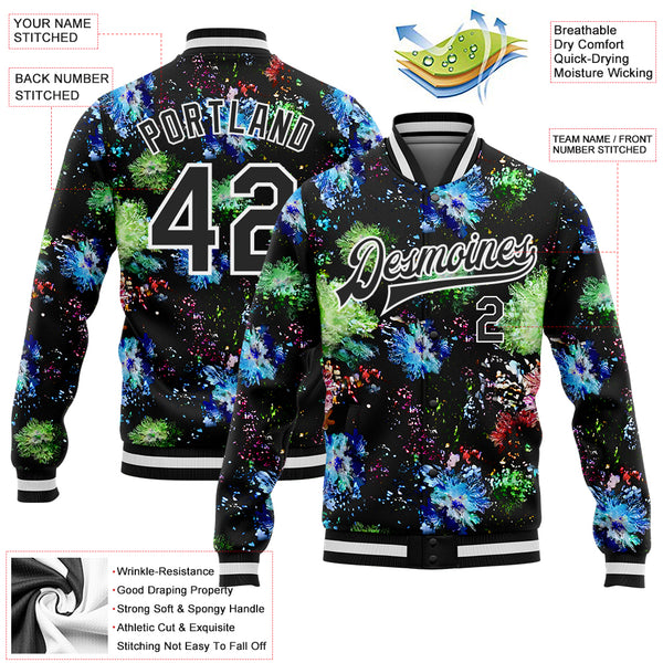 Custom Black White Glitter Bloom 3D Pattern Design Bomber Full-Snap Varsity Letterman Jacket