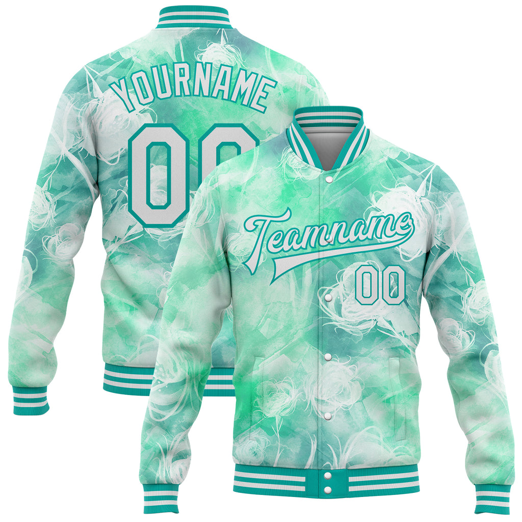 Custom Aqua White Halo Dying Rose 3D Pattern Design Bomber Full-Snap Varsity Letterman Jacket