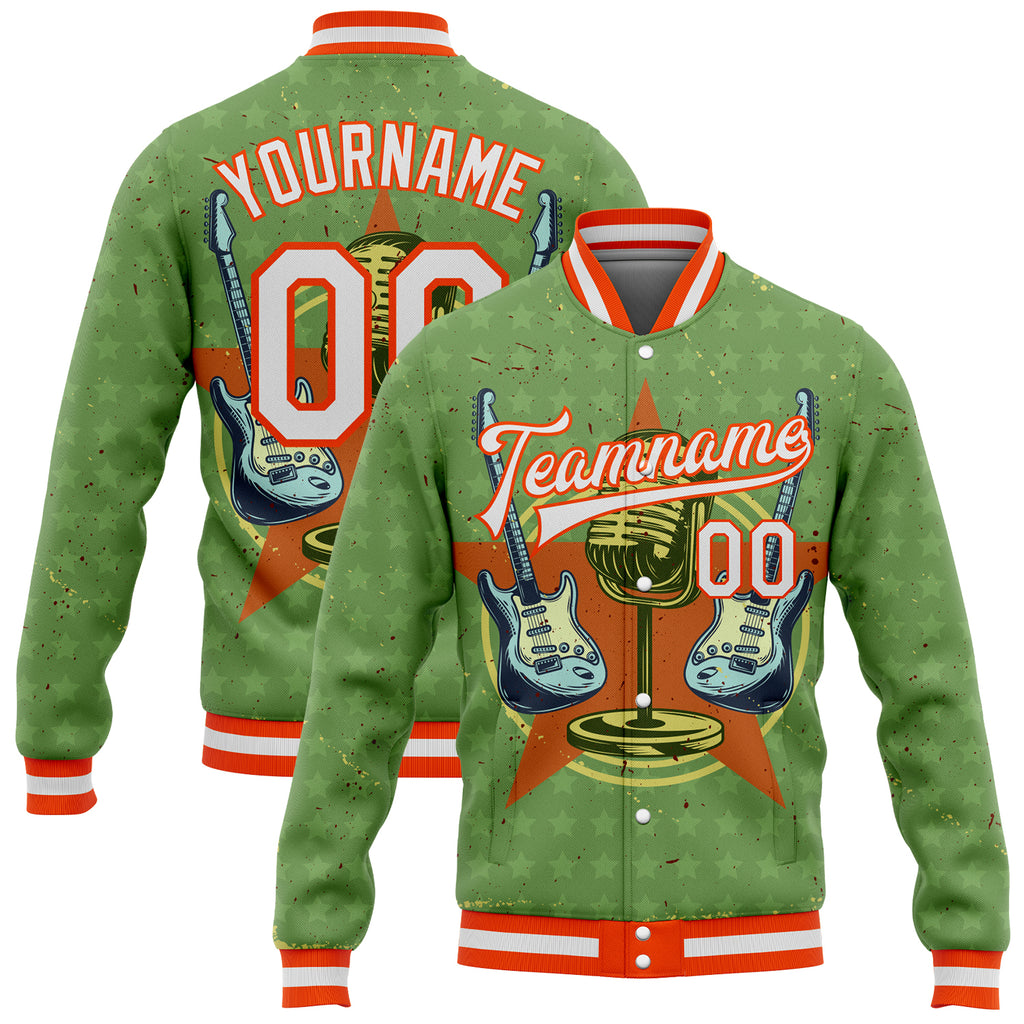 Custom Green White-Orange Guitar Music Festival 3D Pattern Design Bomber Full-Snap Varsity Letterman Jacket