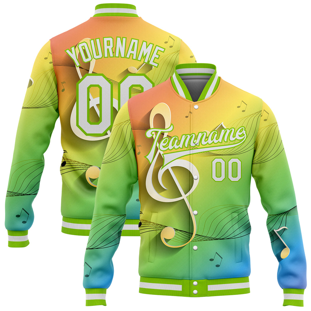 Custom Neon Green White Music Festival 3D Pattern Design Bomber Full-Snap Varsity Letterman Jacket