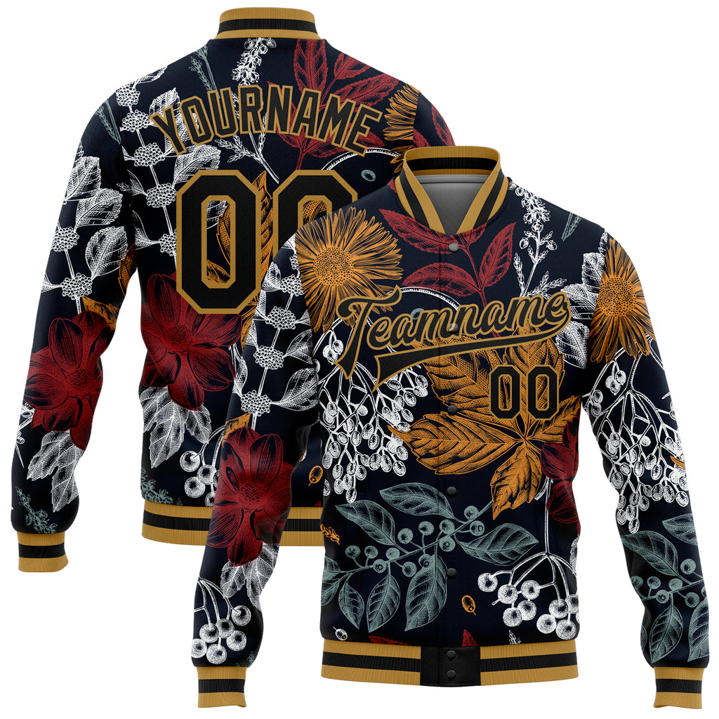 Custom Black Old Gold Flowers And Branches 3D Pattern Design Bomber Full-Snap Varsity Letterman Jacket