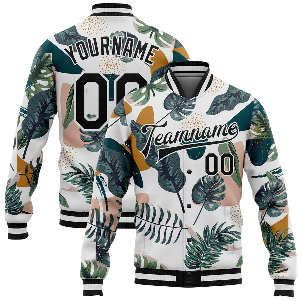 Custom White Black Leaves 3D Pattern Design Bomber Full-Snap Varsity Letterman Jacket