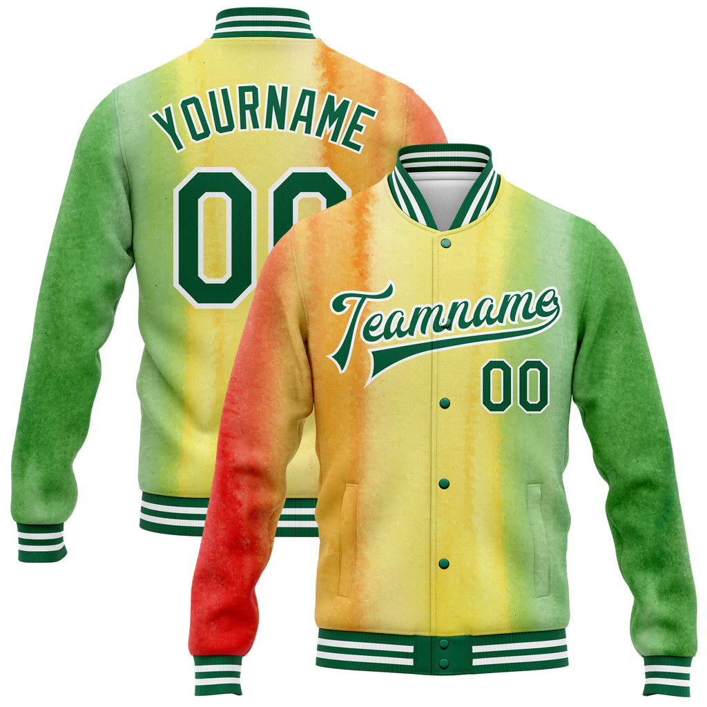 Custom Gold Kelly Green-Red Black History Month 3D Pattern Design Bomber Full-Snap Varsity Letterman Jacket