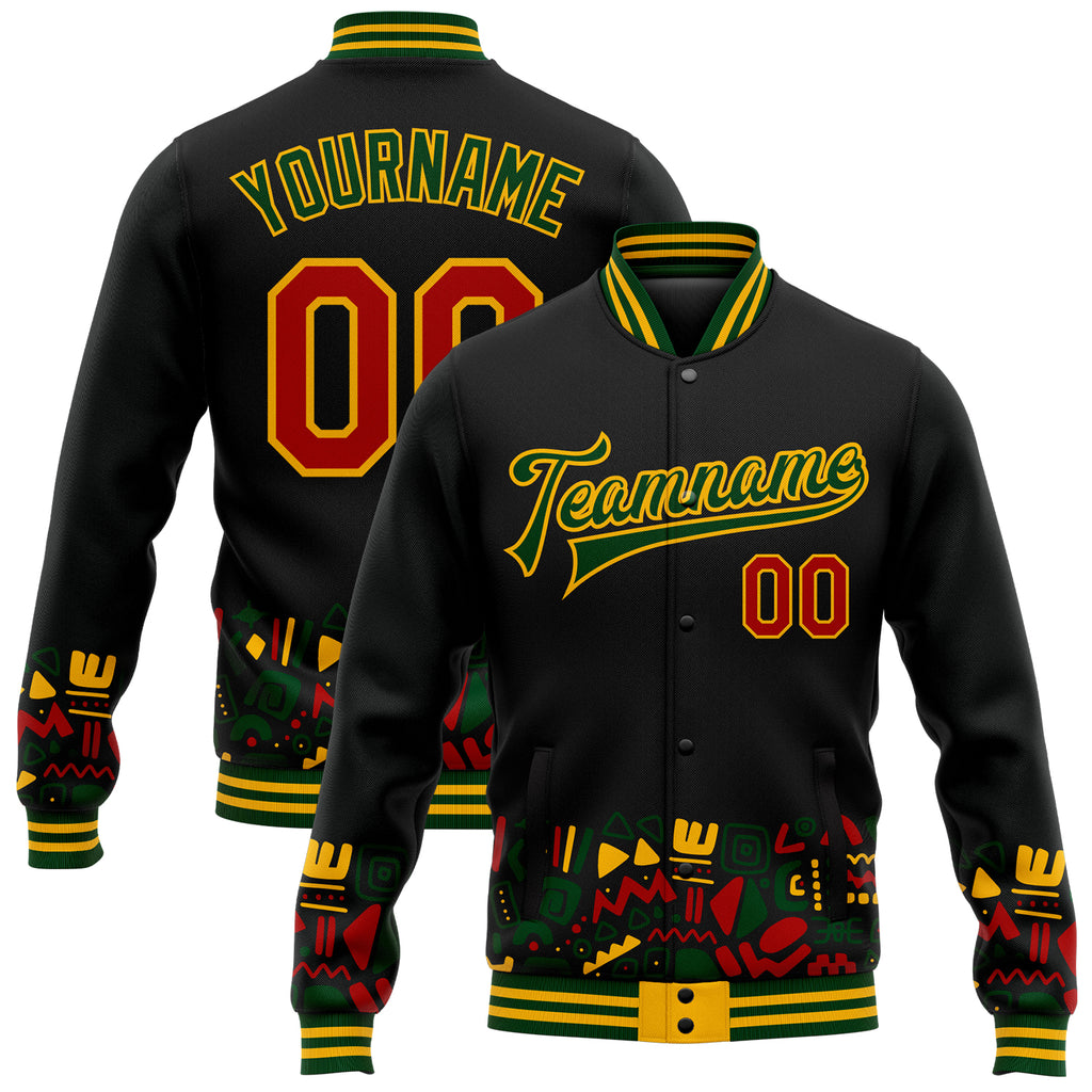 Custom Black Red Gold-Green Black History Month 3D Pattern Design Bomber Full-Snap Varsity Letterman Jacket