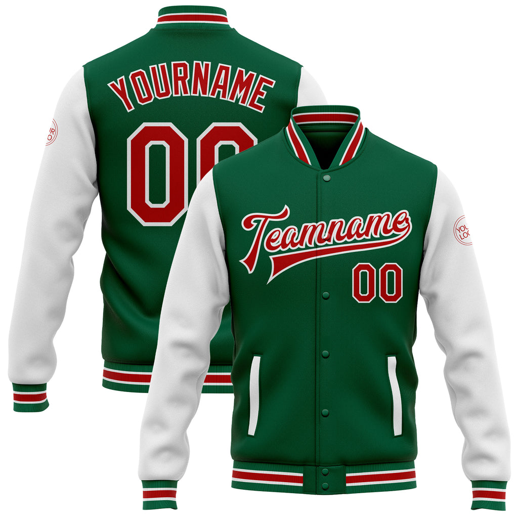 Custom Kelly Green Red-White Bomber Full-Snap Varsity Letterman Two Tone Jacket