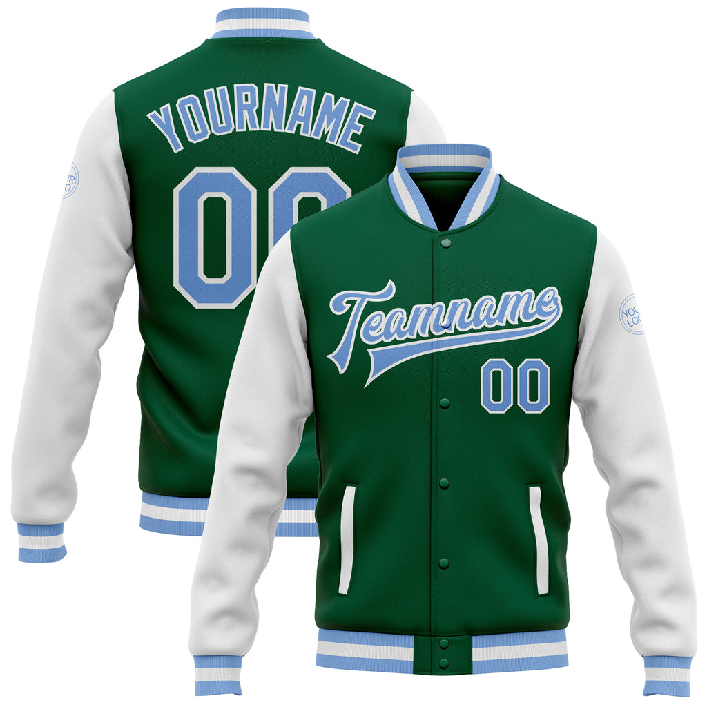 Custom Kelly Green Light Blue-White Bomber Full-Snap Varsity Letterman Two Tone Jacket