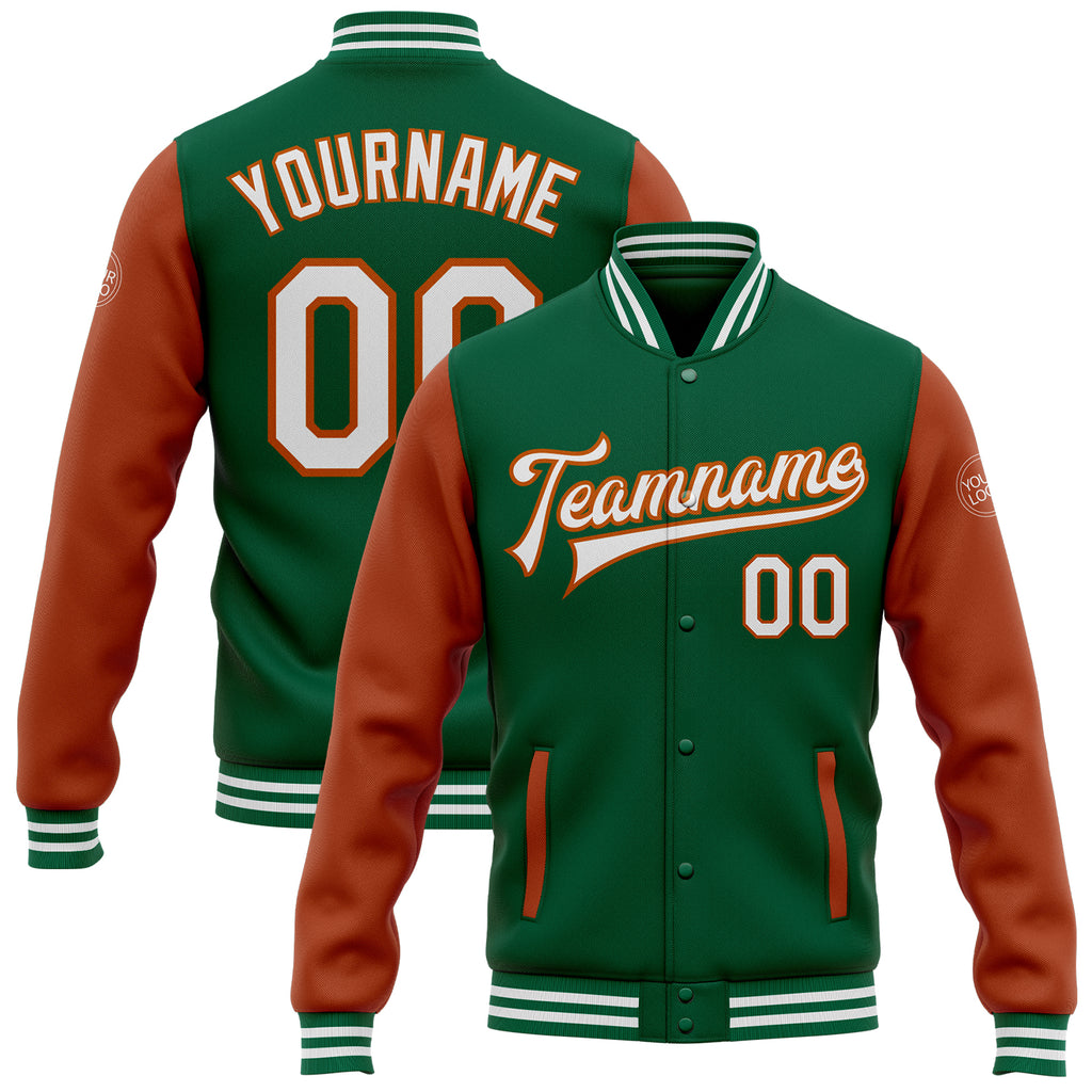 Custom Kelly Green White-Texas Orange Bomber Full-Snap Varsity Letterman Two Tone Jacket