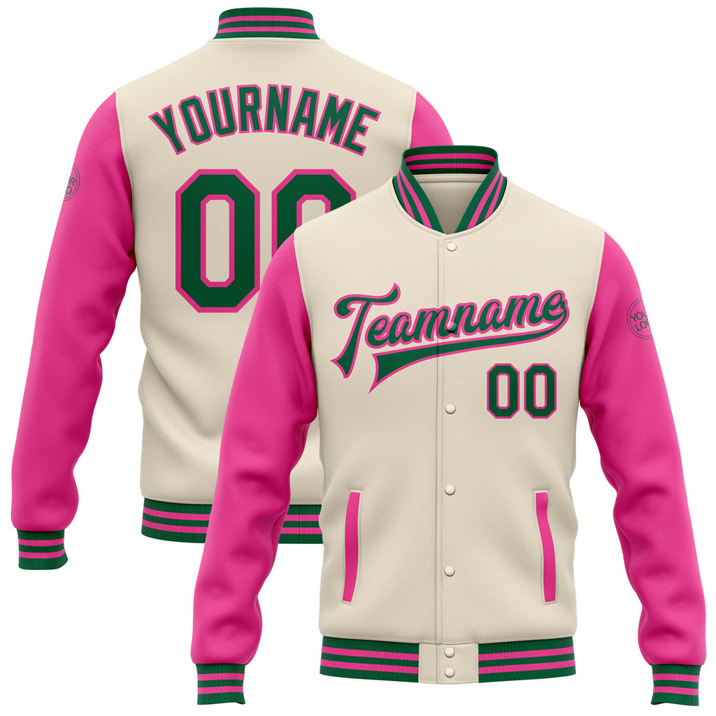 Custom Cream Kelly Green-Pink Bomber Full-Snap Varsity Letterman Two Tone Jacket