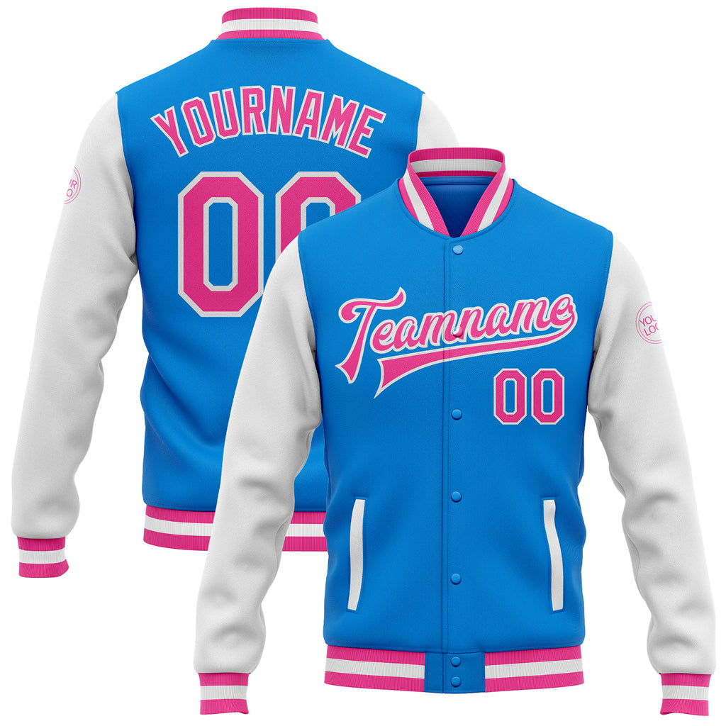 Custom Powder Blue Pink-White Bomber Full-Snap Varsity Letterman Two Tone Jacket