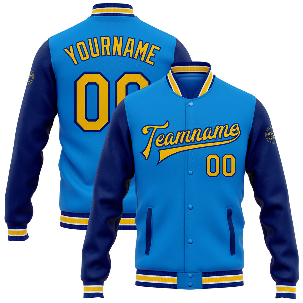 Custom Powder Blue Yellow-Royal Bomber Full-Snap Varsity Letterman Two Tone Jacket