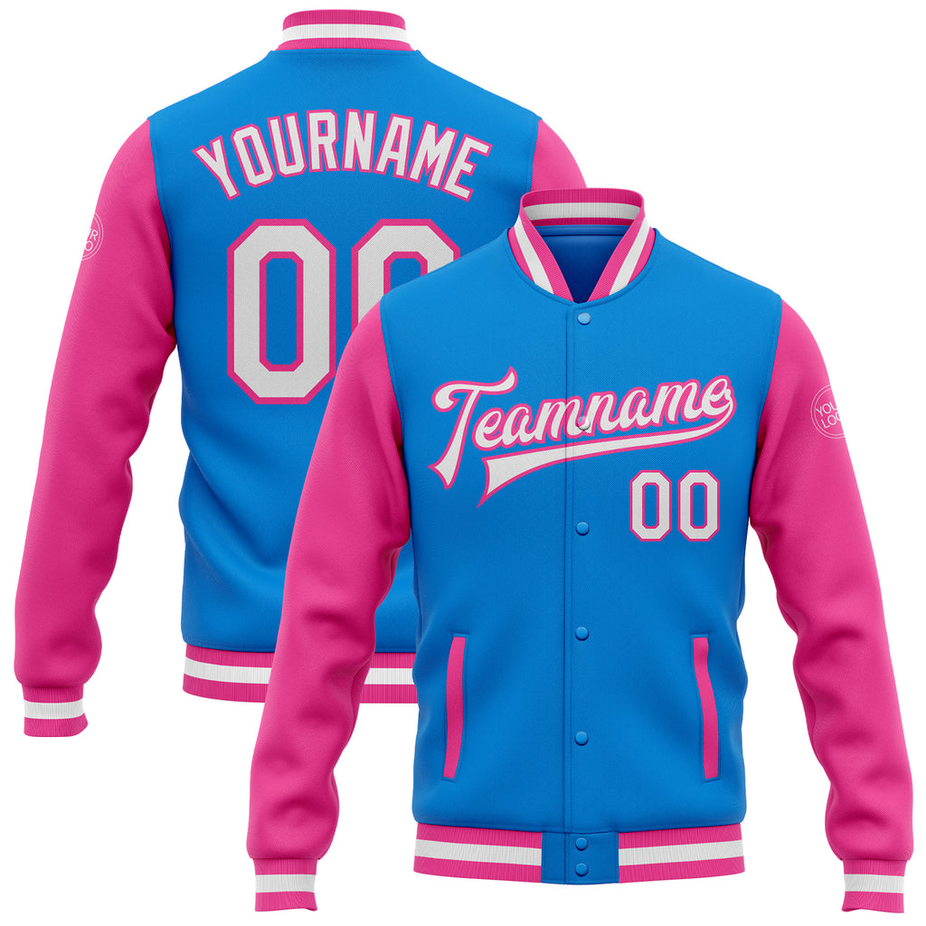 Custom Powder Blue White-Pink Bomber Full-Snap Varsity Letterman Two Tone Jacket