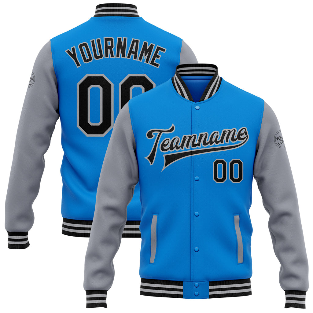 Custom Powder Blue Black-Gray Bomber Full-Snap Varsity Letterman Two Tone Jacket