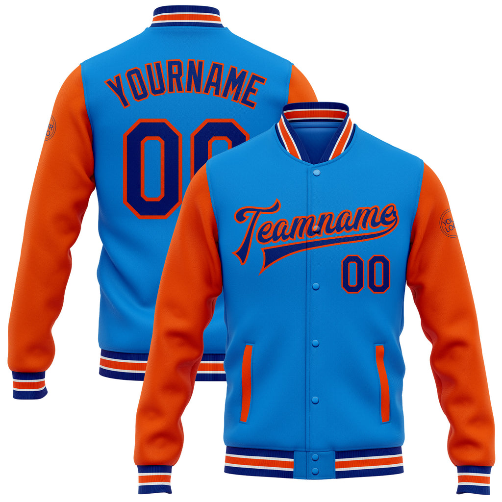 Custom Powder Blue Royal-Orange Bomber Full-Snap Varsity Letterman Two Tone Jacket