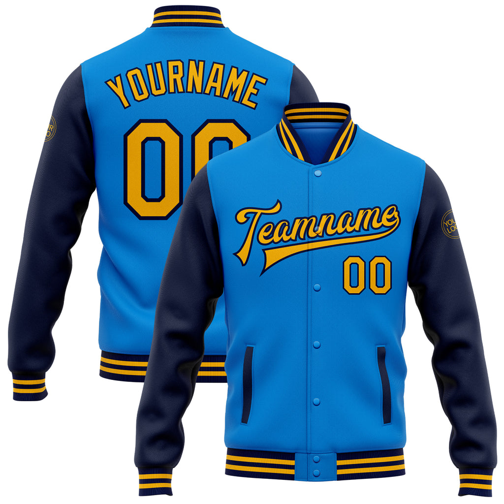 Custom Powder Blue Gold-Navy Bomber Full-Snap Varsity Letterman Two Tone Jacket