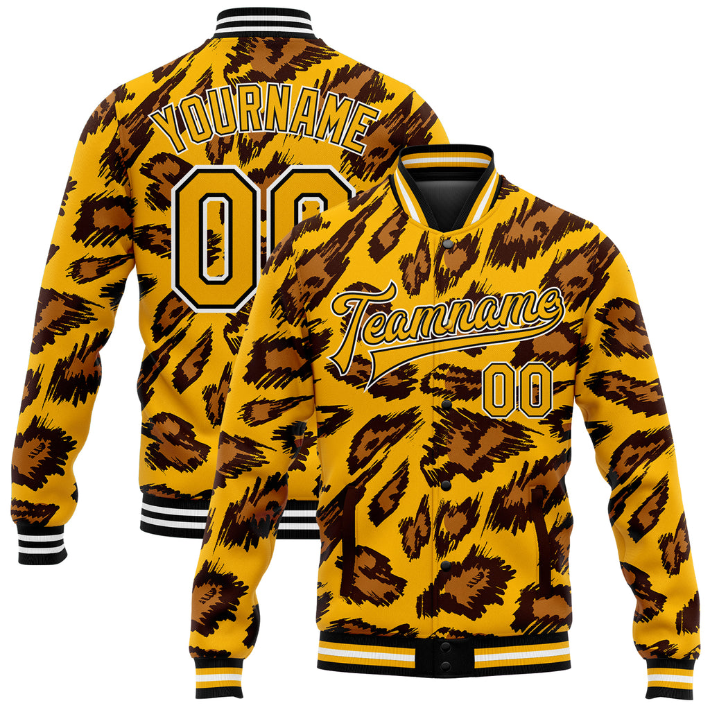 Custom Gold Black-White Leopard Print 3D Pattern Design Bomber Full-Snap Varsity Letterman Jacket