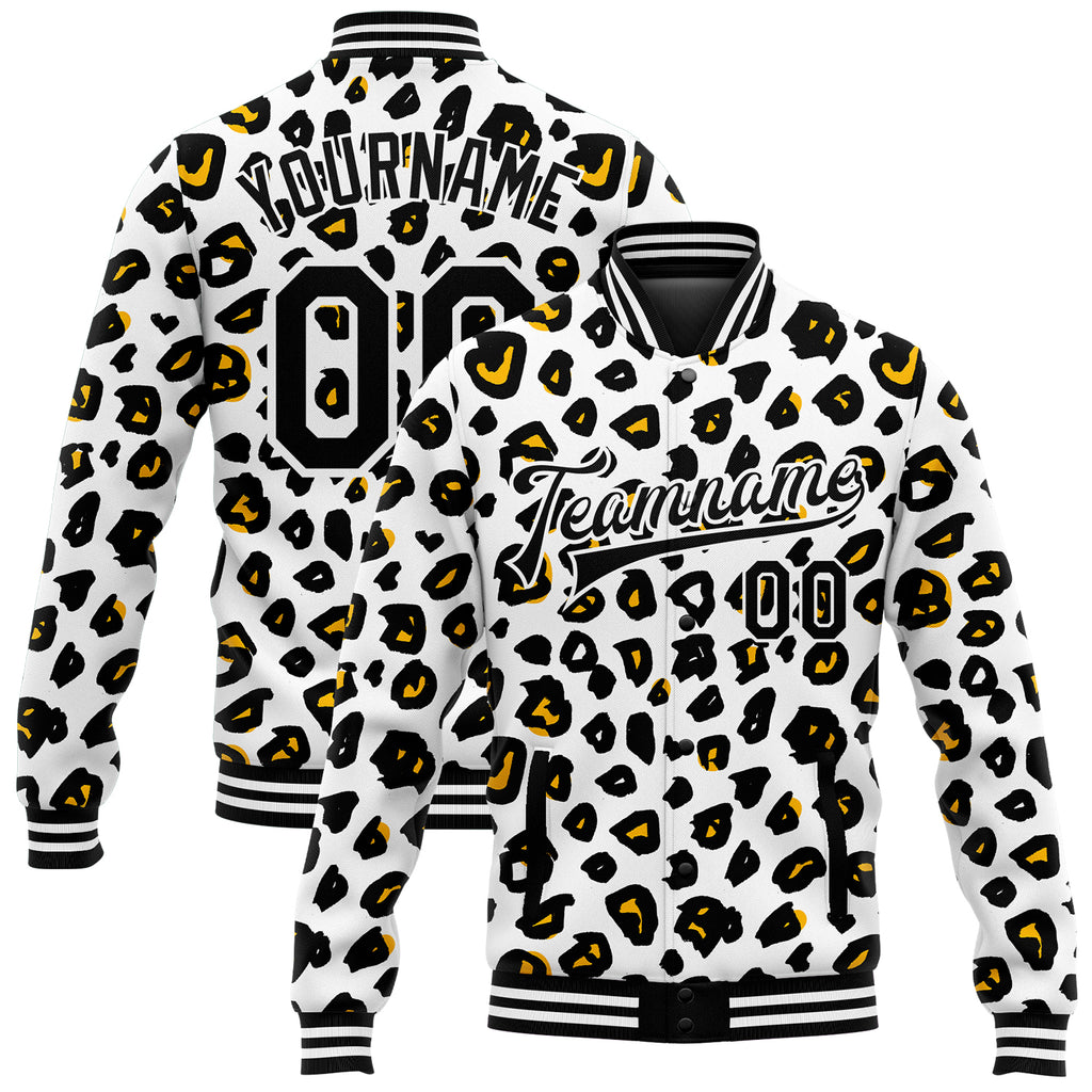 Custom White Black Leopard Print 3D Pattern Design Bomber Full-Snap Varsity Letterman Jacket