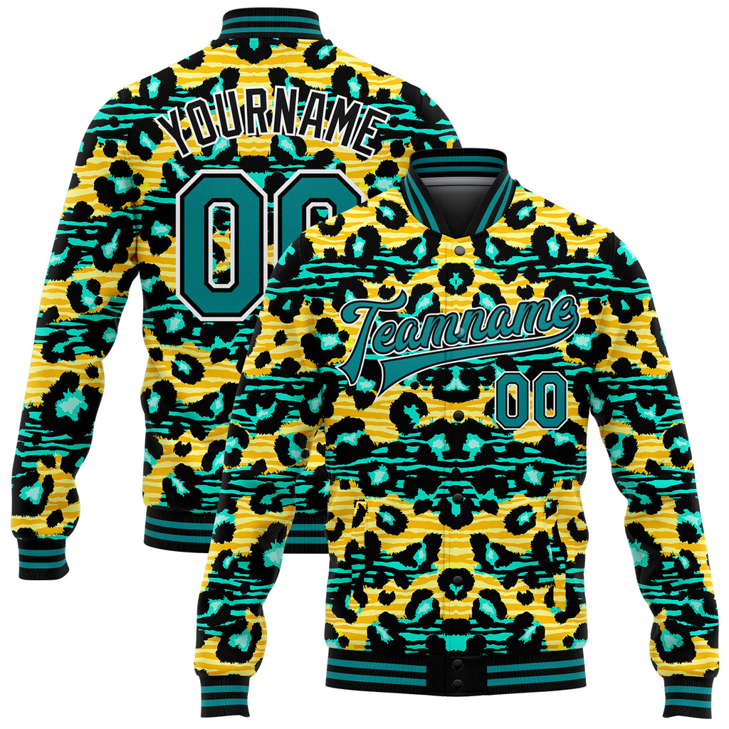 Custom Gold Teal-Black Leopard And Zebra Print 3D Pattern Design Bomber Full-Snap Varsity Letterman Jacket