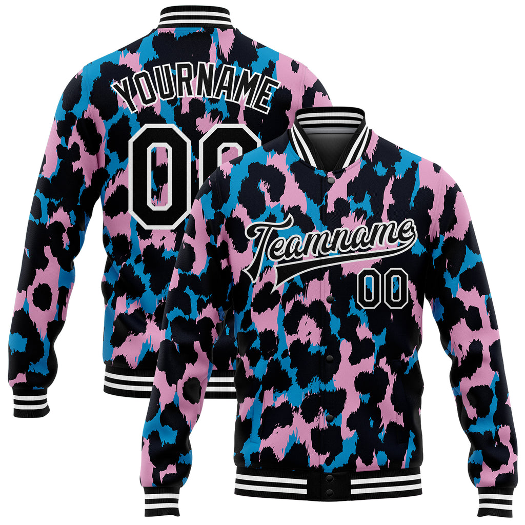 Custom Light Pink Black-White Leopard Print 3D Pattern Design Bomber Full-Snap Varsity Letterman Jacket