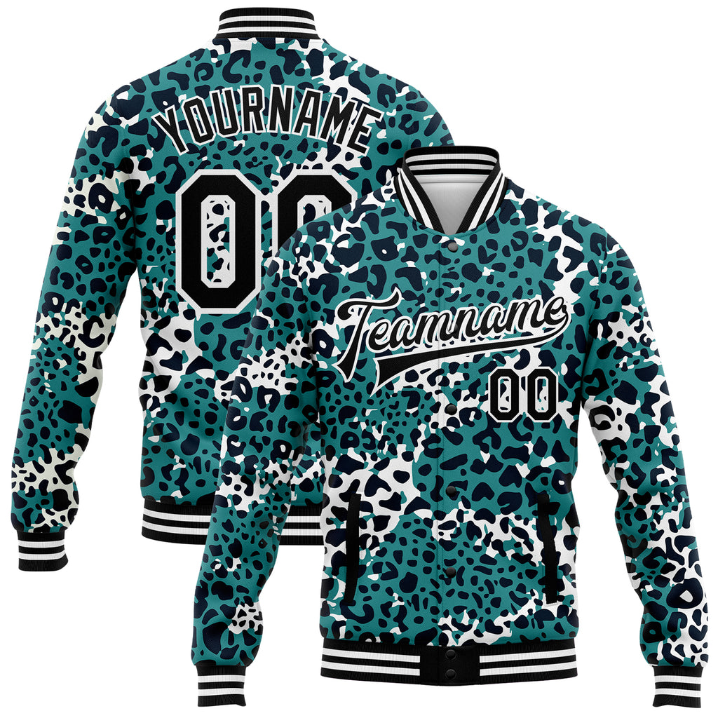 Custom Teal Black-White Leopard Print 3D Pattern Design Bomber Full-Snap Varsity Letterman Jacket