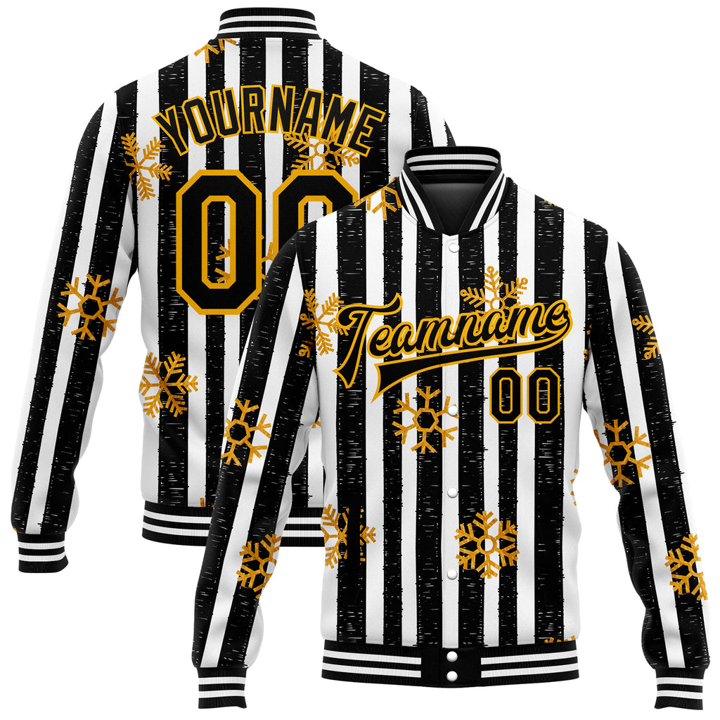 Custom Black Gold-White Christmas Gold Snowflakes 3D Bomber Full-Snap Varsity Letterman Jacket