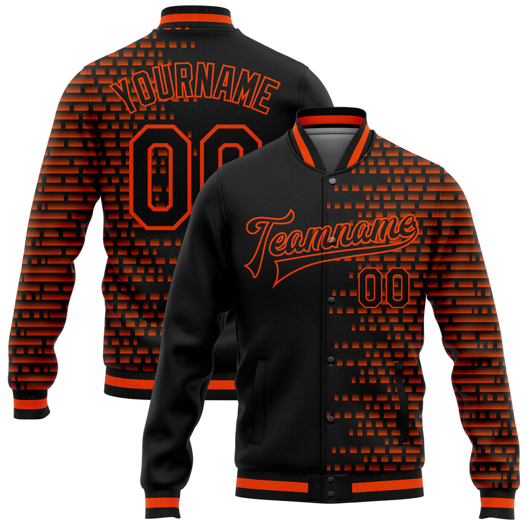 Custom Black Orange Halftone 3D Pattern Design Bomber Full-Snap Varsity Letterman Jacket