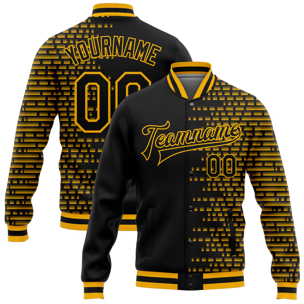 Custom Black Gold Halftone 3D Pattern Design Bomber Full-Snap Varsity Letterman Jacket