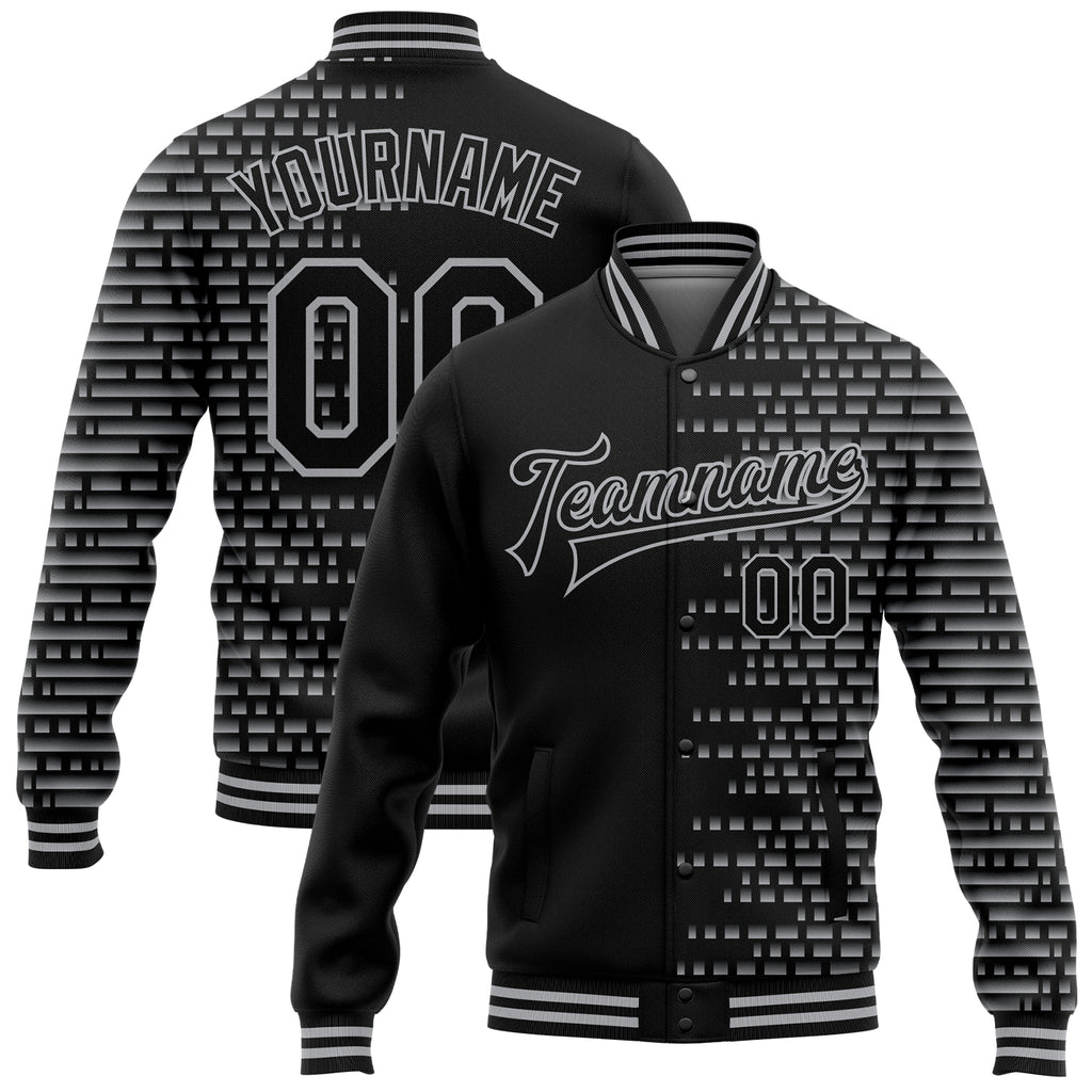 Custom Black Gray Halftone 3D Pattern Design Bomber Full-Snap Varsity Letterman Jacket