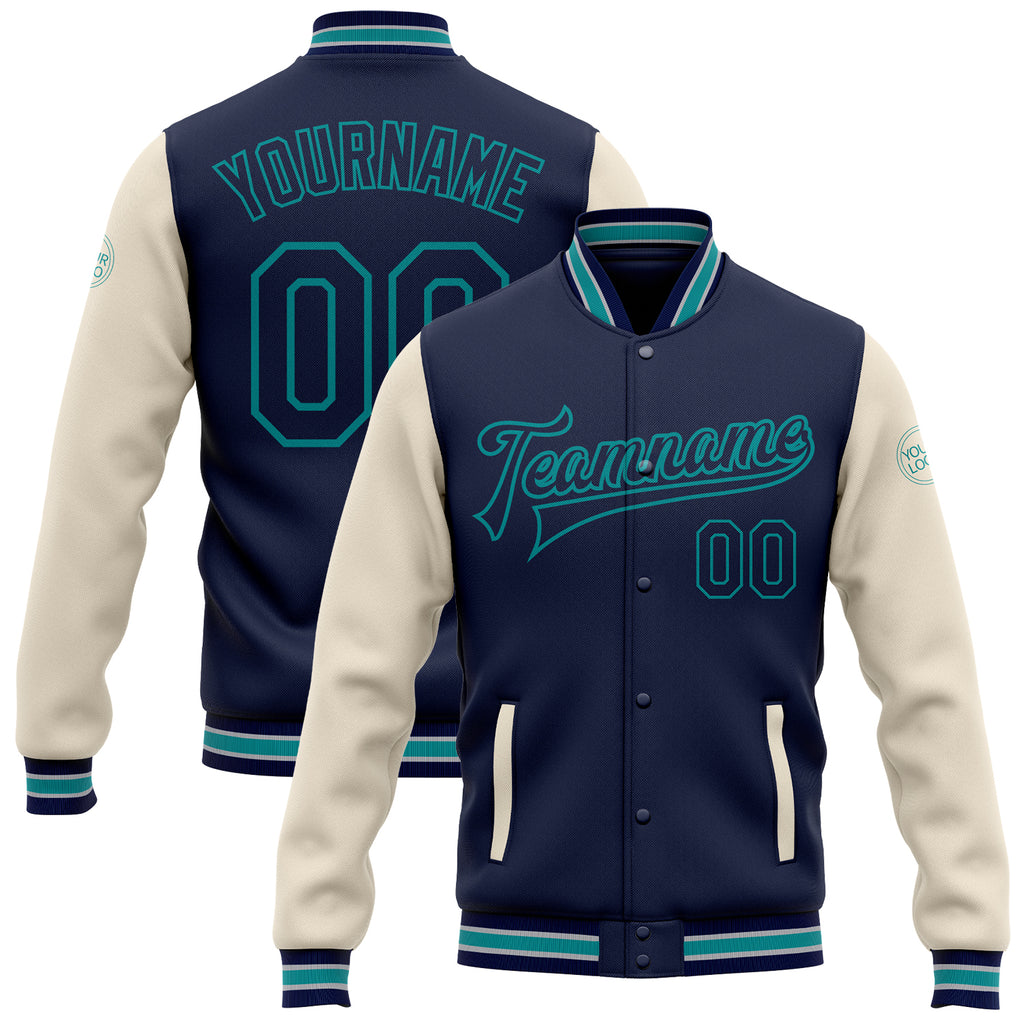 Custom Navy Cream-Teal Bomber Full-Snap Varsity Letterman Two Tone Jacket