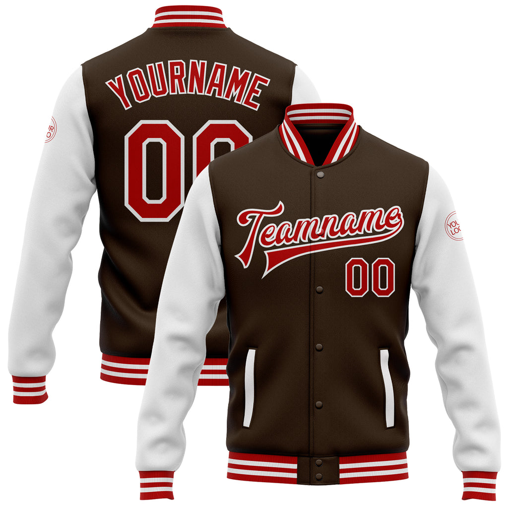 Custom Brown Red-White Bomber Full-Snap Varsity Letterman Two Tone Jacket