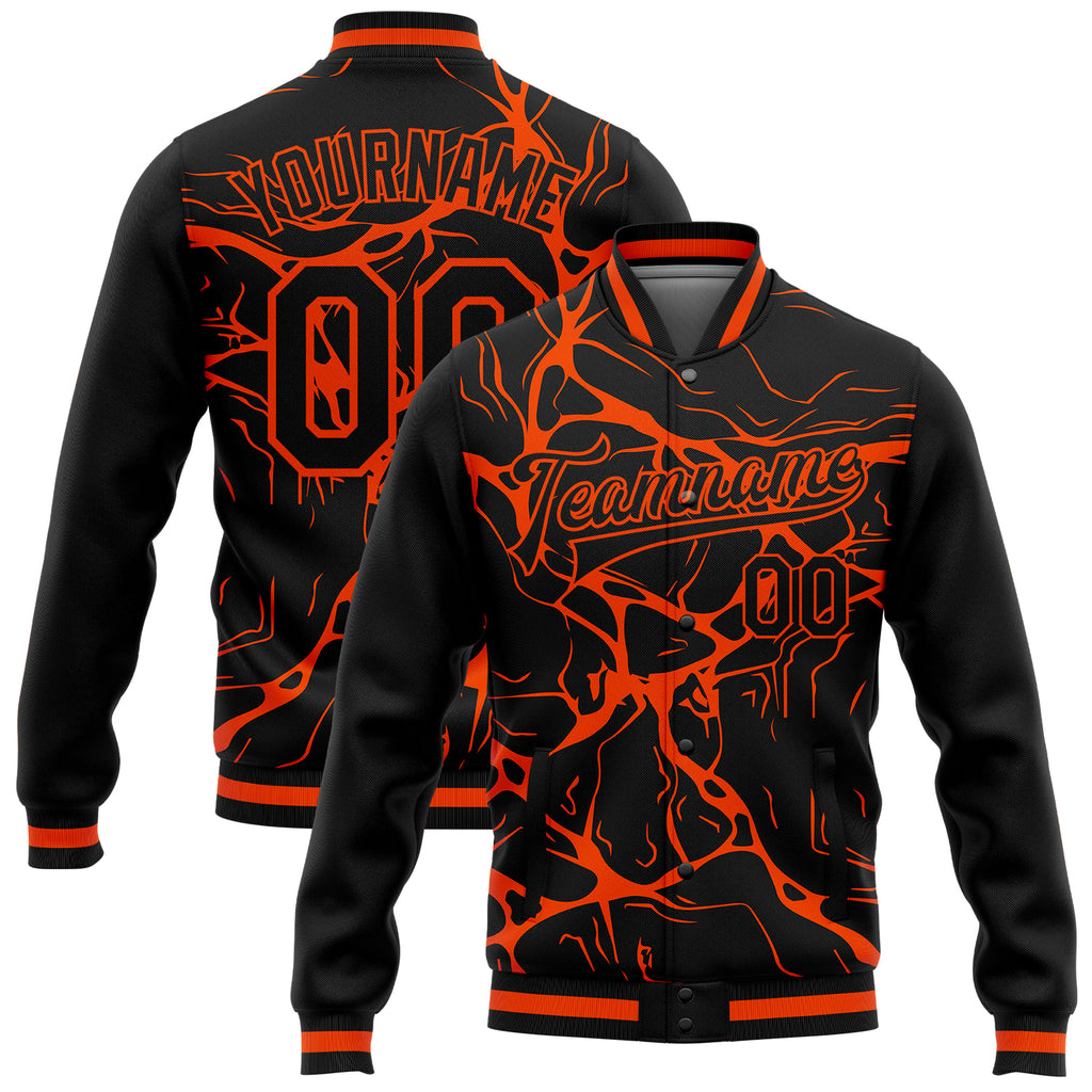 Custom Black Orange Abstract Network 3D Pattern Design Bomber Full-Snap Varsity Letterman Jacket