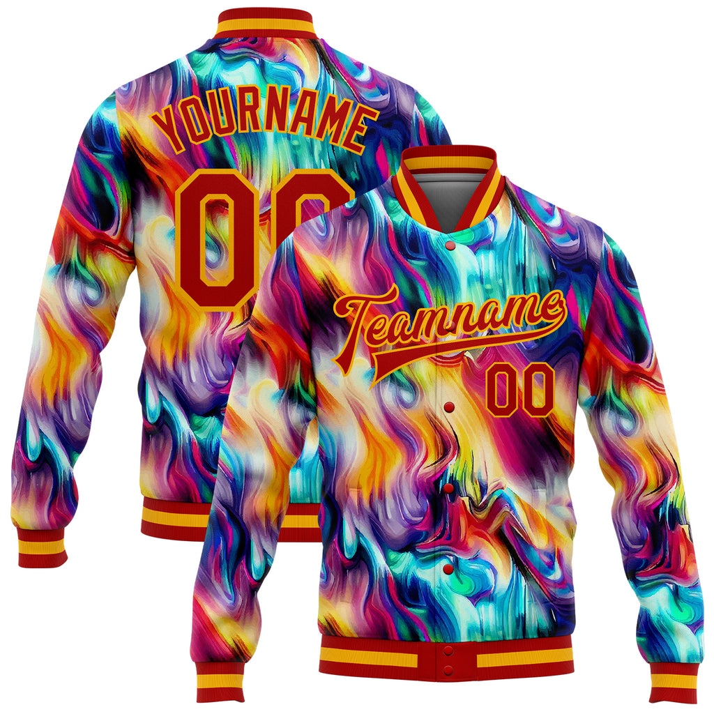 Custom Red Gold Abstract Rainbow Liquid Trippy 3D Pattern Design Bomber Full-Snap Varsity Letterman Jacket