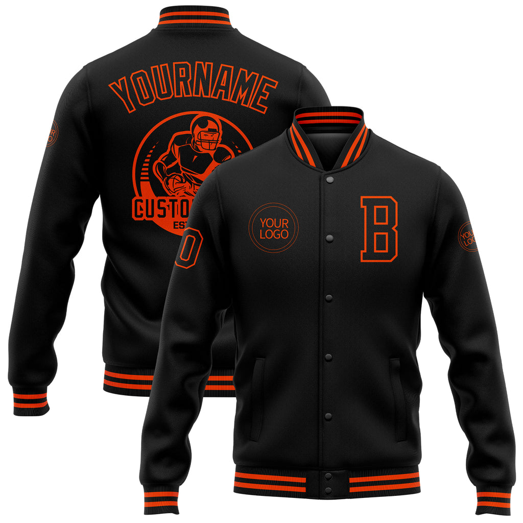 Custom Black Orange Bomber Full-Snap Varsity Letterman Jacket