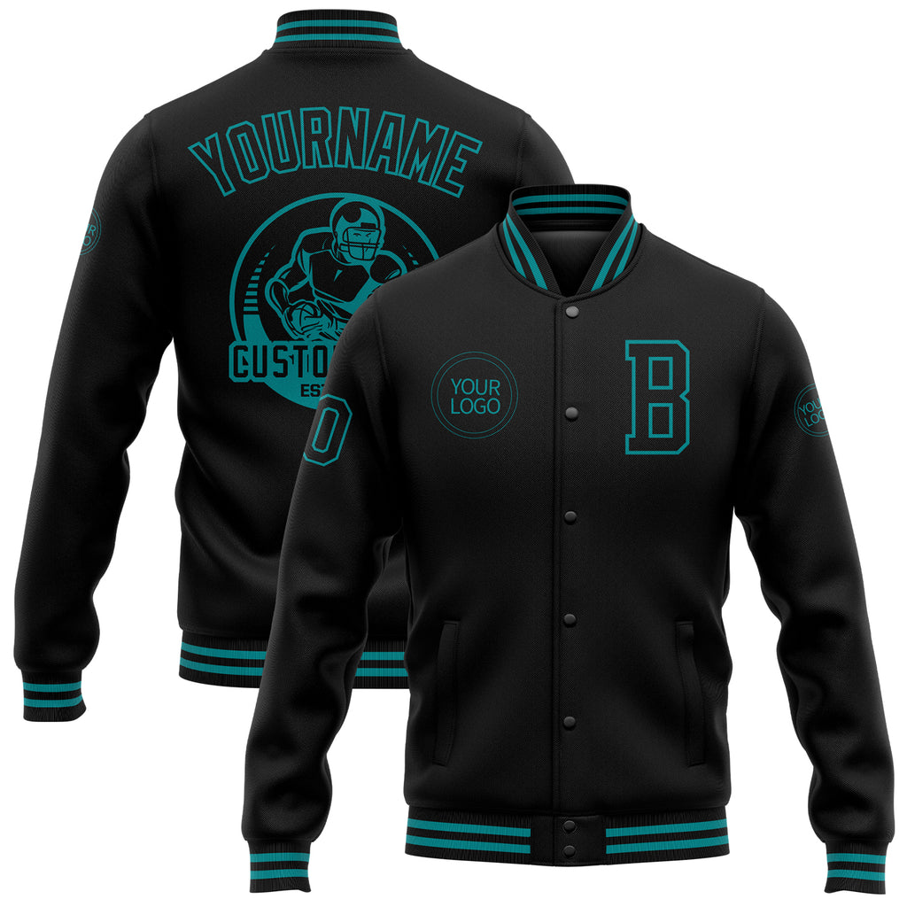 Custom Black Teal Bomber Full-Snap Varsity Letterman Jacket