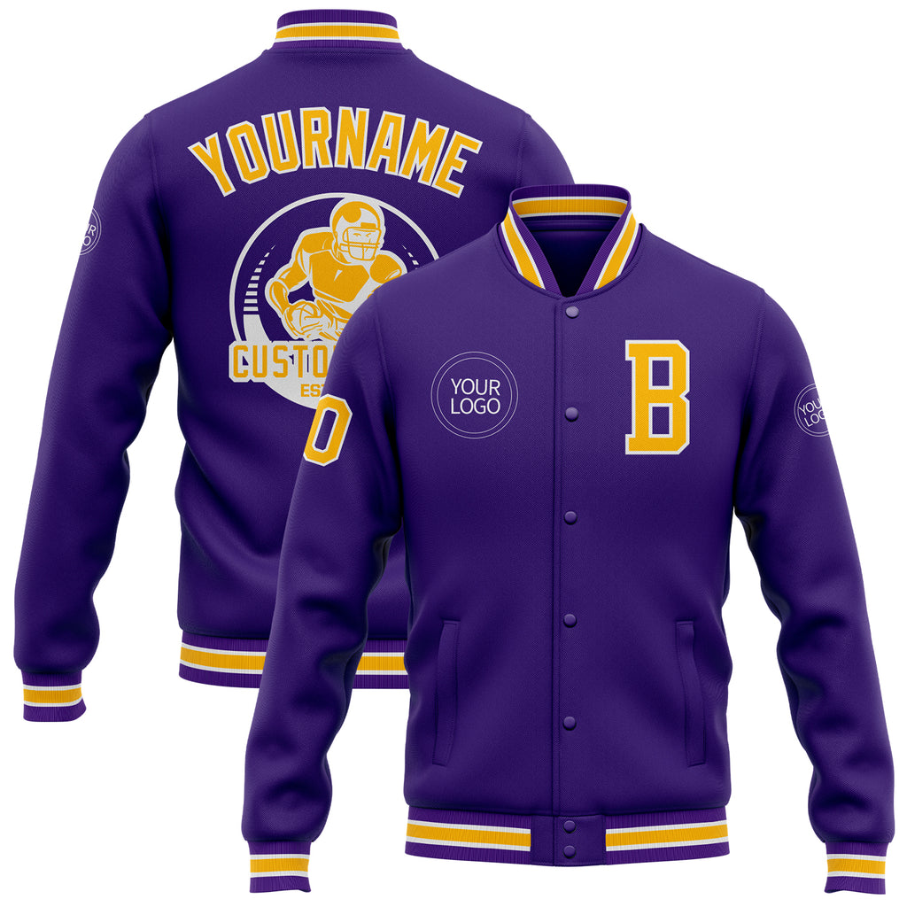 Custom Purple Gold-White Bomber Full-Snap Varsity Letterman Jacket