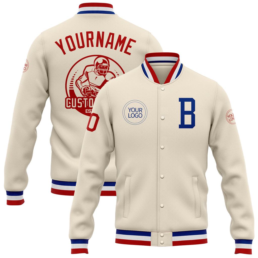 Custom Cream Royal-Red Bomber Full-Snap Varsity Letterman Jacket