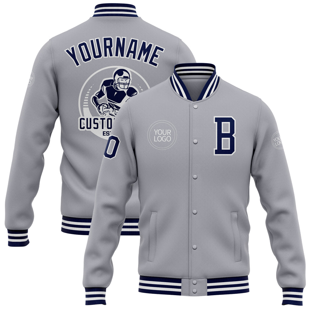 Custom Gray Navy-White Bomber Full-Snap Varsity Letterman Jacket