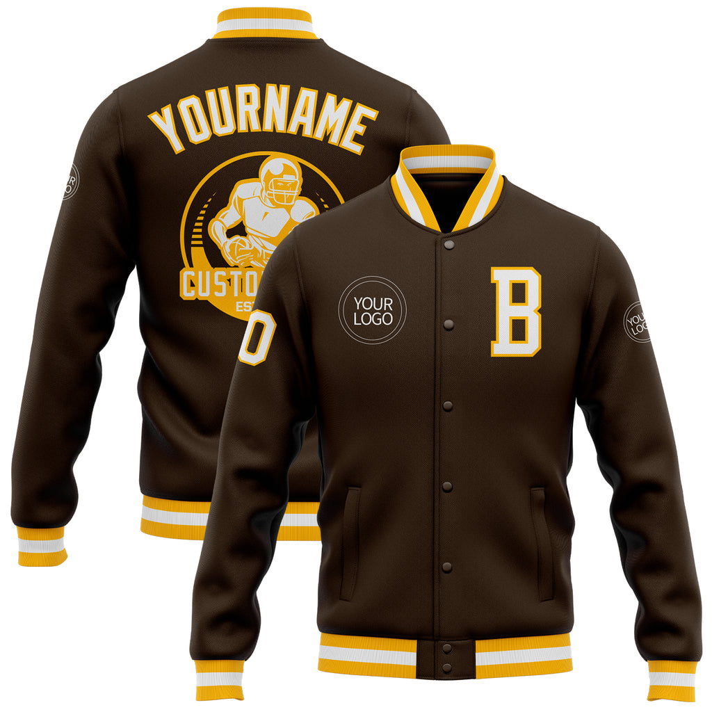 Custom Brown White-Gold Bomber Full-Snap Varsity Letterman Jacket