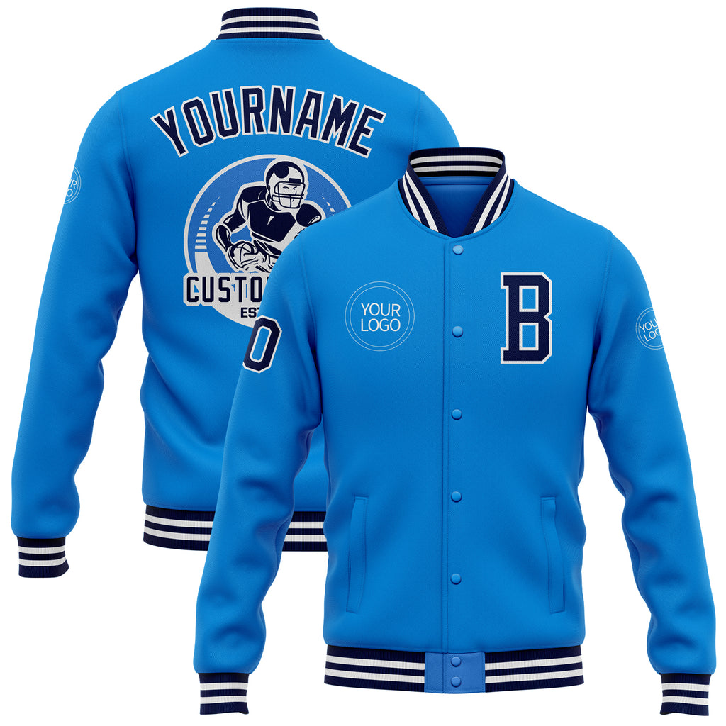 Custom Powder Blue Navy-White Bomber Full-Snap Varsity Letterman Jacket