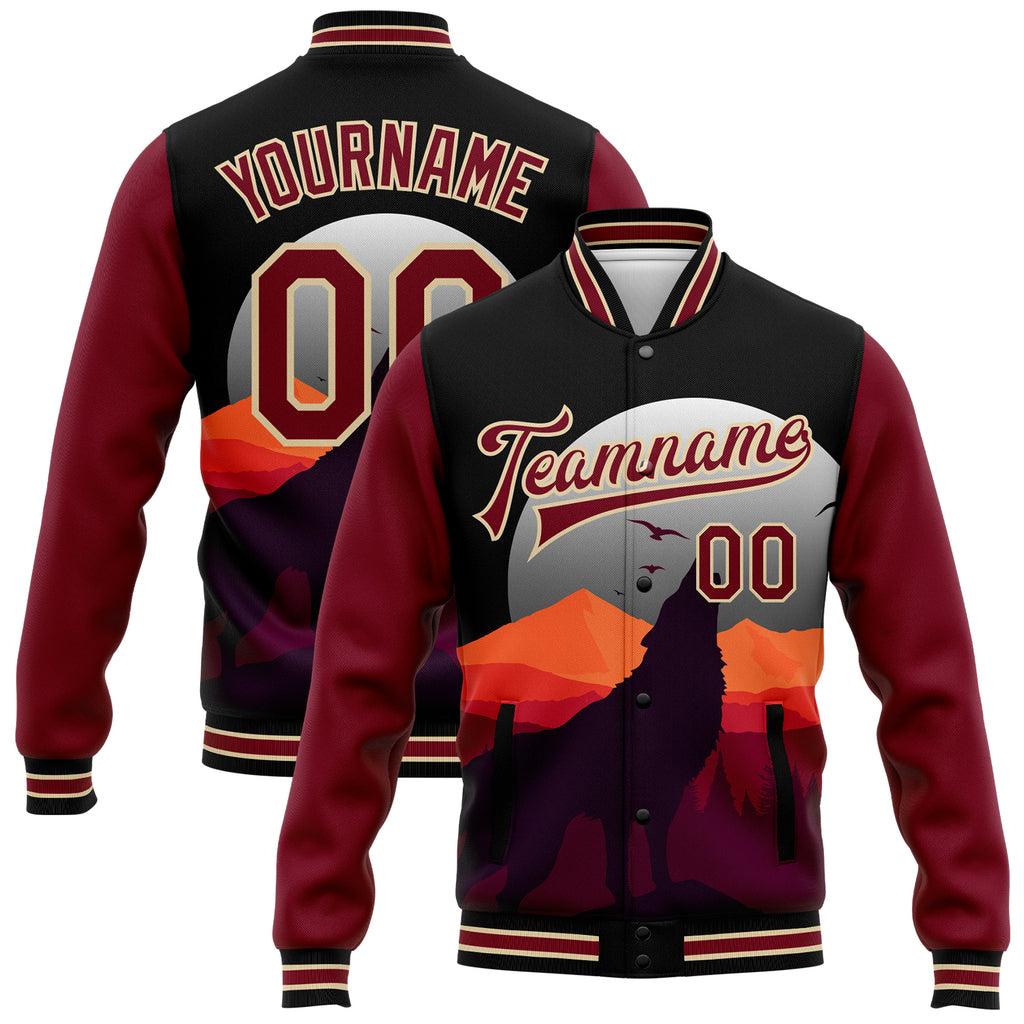 Custom Black Crimson-City Cream Wolf Howling 3D Pattern Design Bomber Full-Snap Varsity Letterman Jacket