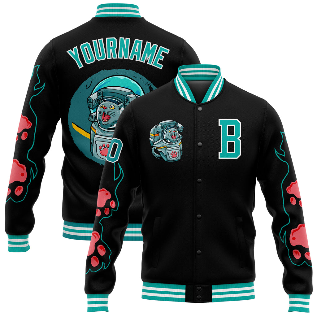 Custom Black Aqua-White Seated Cat 3D Pattern Design Bomber Full-Snap Varsity Letterman Jacket