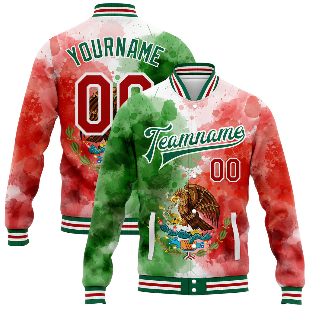 Custom Kelly Green Red-White Mexico Watercolored Splashes Grunge Design 3D Bomber Full-Snap Varsity Letterman Jacket