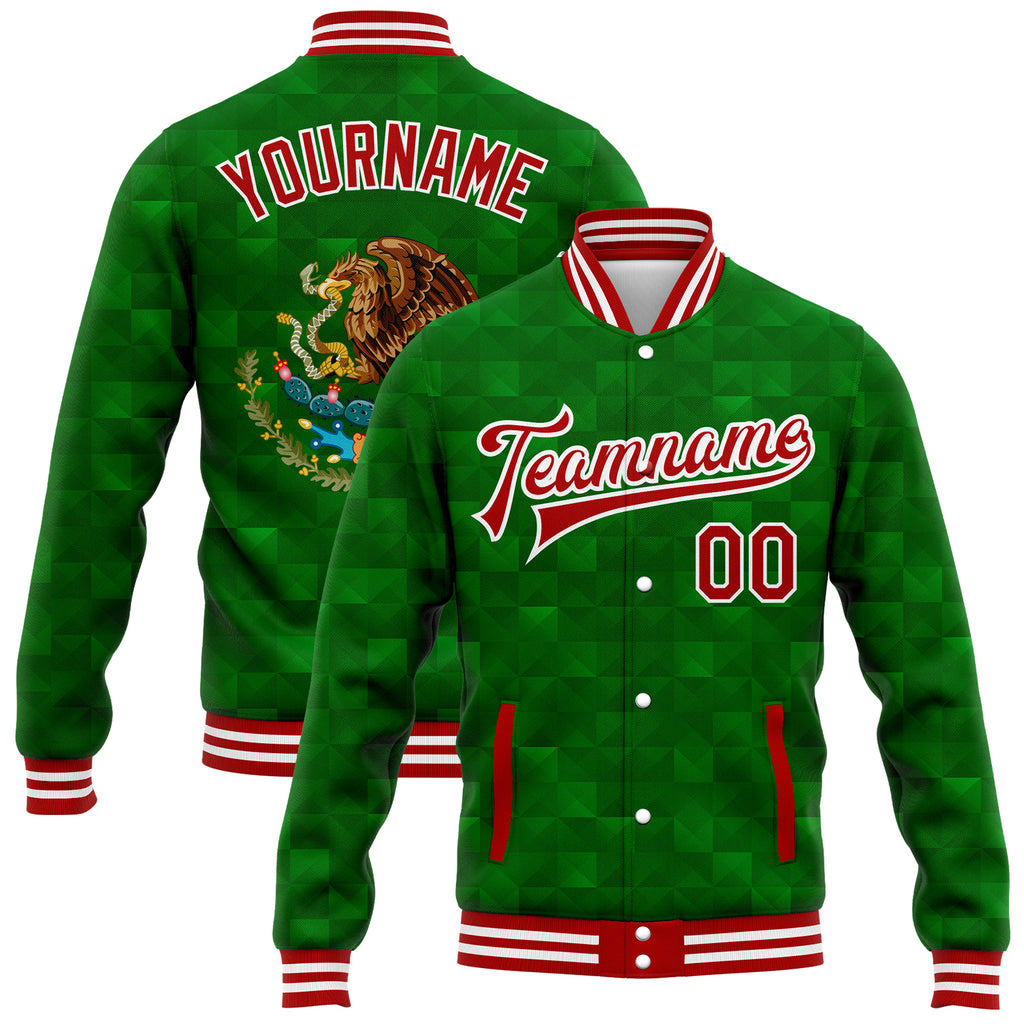 Custom Kelly Green Red-White Mexico 3D Bomber Full-Snap Varsity Letterman Jacket