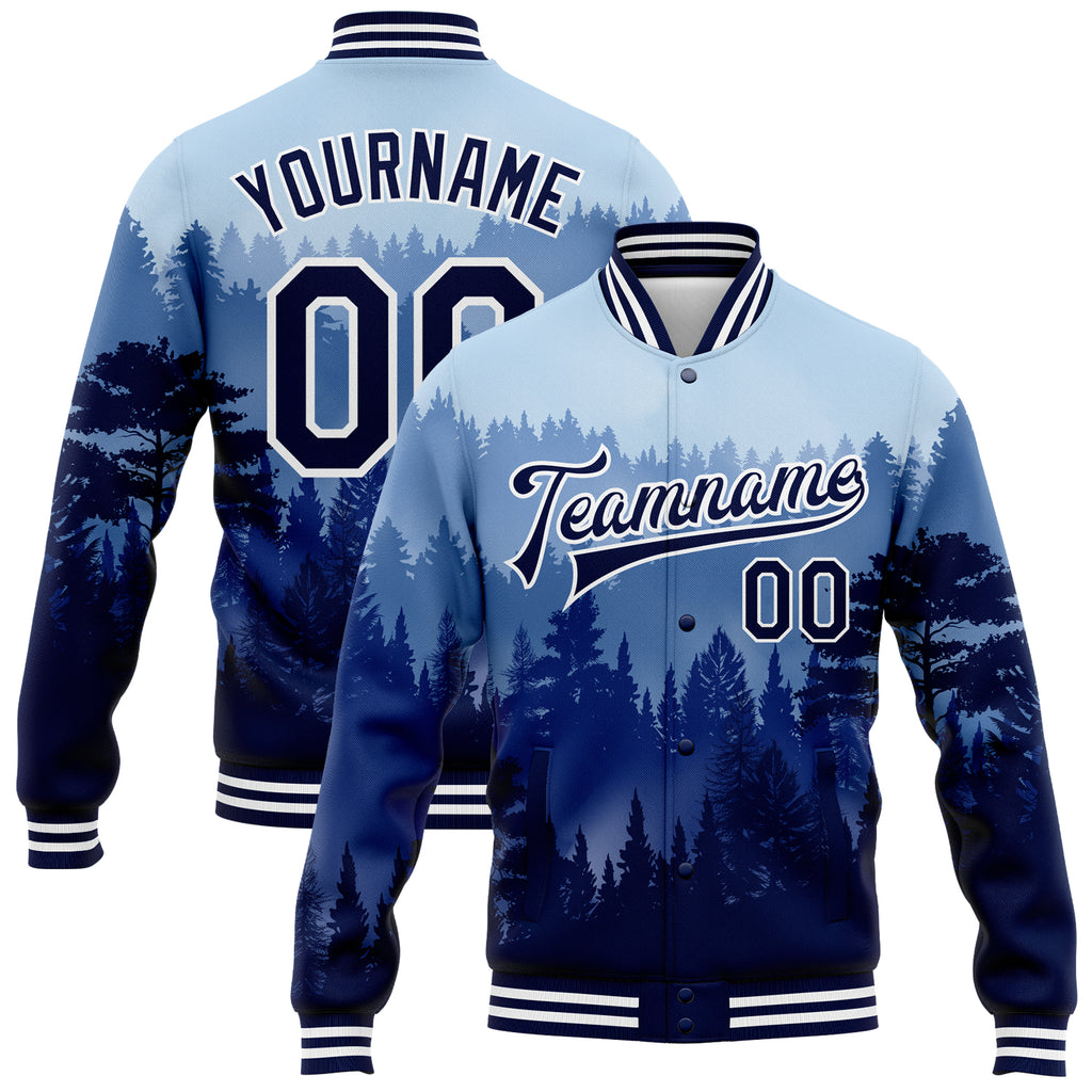 Custom Royal Navy-White Pine Forest With Fog 3D Pattern Design Bomber Full-Snap Varsity Letterman Jacket