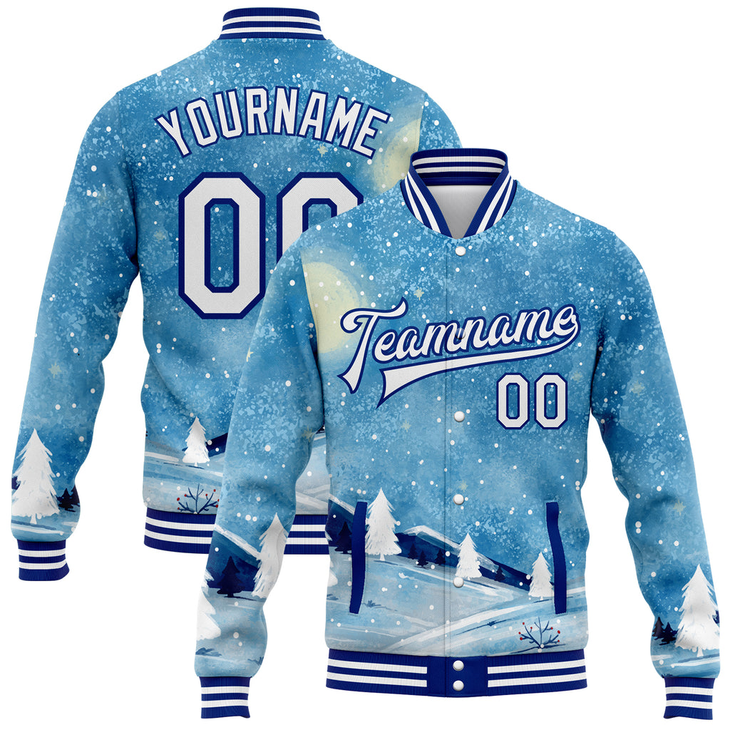 Custom Light Blue White-Royal Watercolor Winter Landscape With Snowy Trees 3D Pattern Design Bomber Full-Snap Varsity Letterman Jacket